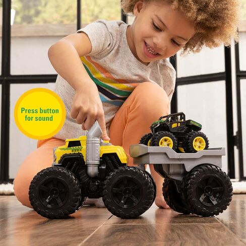 Tomy Monster يضع John Deere Roaring Rev Up Hauler Monster Truck Toy Set - يشمل Monster Truck و Trailer و John Deere Gator - ألعاب البناء مع Action Action - 3 Count in Saudi Arabia