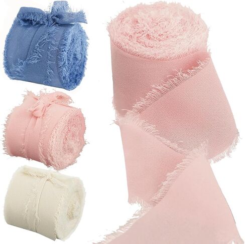 1-1/2 inch Chiffon Ribbon, 21 Yards Fringed Sides Polyester Silk Ribbons for Wedding Flowers, Wreath, Gift Wrapping, Baby Shower, House Decor. (Blue/Pink/Cream) in Kuwait