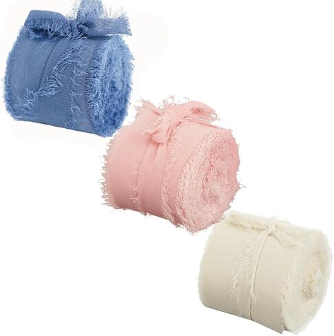 1-1/2 inch Chiffon Ribbon, 21 Yards Fringed Sides Polyester Silk Ribbons for Wedding Flowers, Wreath, Gift Wrapping, Baby Shower, House Decor. (Blue/Pink/Cream) in Kuwait