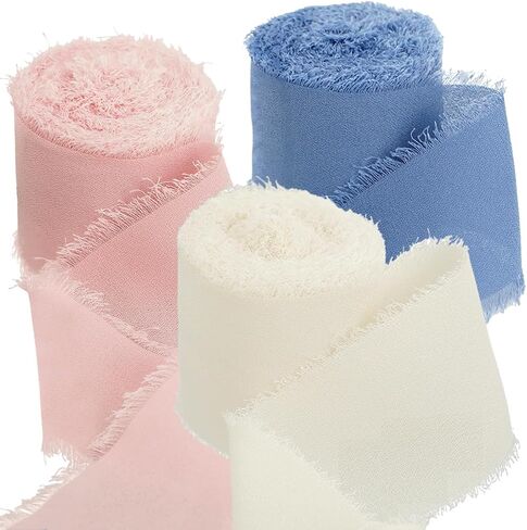 1-1/2 inch Chiffon Ribbon, 21 Yards Fringed Sides Polyester Silk Ribbons for Wedding Flowers, Wreath, Gift Wrapping, Baby Shower, House Decor. (Blue/Pink/Cream) in Kuwait