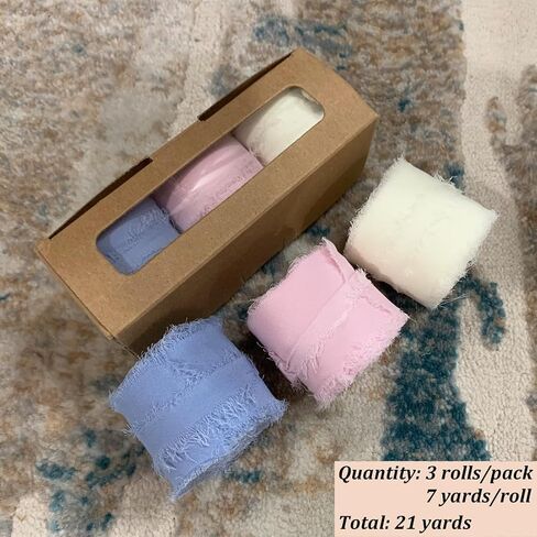 1-1/2 inch Chiffon Ribbon, 21 Yards Fringed Sides Polyester Silk Ribbons for Wedding Flowers, Wreath, Gift Wrapping, Baby Shower, House Decor. (Blue/Pink/Cream) in Kuwait