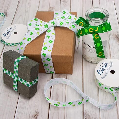 Ribbli Grosgrain Lucky Shamrock Craft Ribbon,7/8-Inch,10-Yard Spool, Green/White, Use for St. Patrick's Day,Team Hair Bows,Wreath,Sport Lanyards,Gift Wrapping,Party Decoration,All Crafting and Sewing in Saudi Arabia