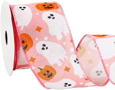 Halloween Wired Edge Ribbon Pink Boo Ghost Pumpkin Ribbon Fabric Decorative Ribbons for Wreath DIY Party Crafts Wrapping, 12 Yard in Saudi Arabia