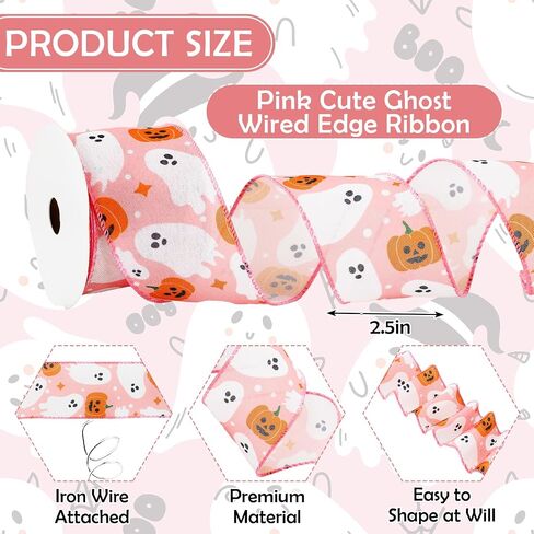 Halloween Wired Edge Ribbon Pink Boo Ghost Pumpkin Ribbon Fabric Decorative Ribbons for Wreath DIY Party Crafts Wrapping, 12 Yard in Saudi Arabia