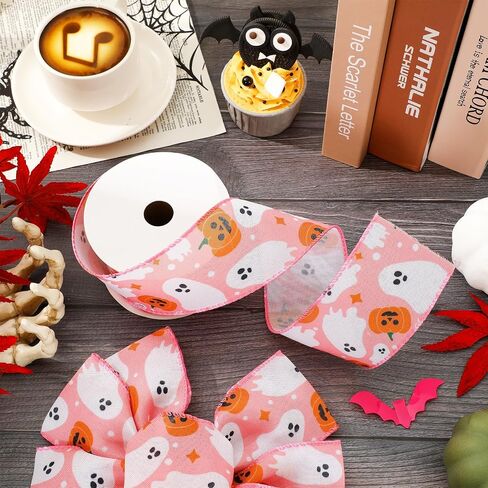 Halloween Wired Edge Ribbon Pink Boo Ghost Pumpkin Ribbon Fabric Decorative Ribbons for Wreath DIY Party Crafts Wrapping, 12 Yard in Saudi Arabia