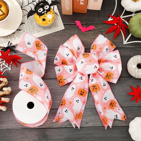 Halloween Wired Edge Ribbon Pink Boo Ghost Pumpkin Ribbon Fabric Decorative Ribbons for Wreath DIY Party Crafts Wrapping, 12 Yard in Saudi Arabia