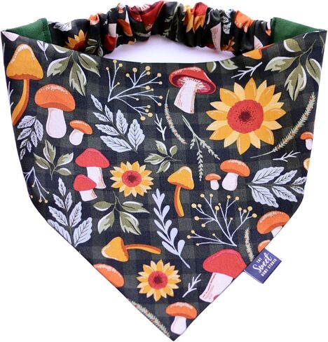 Fall Scrunchie Dog Bandana, Handmade Halloween, Thanksgiving, Harvest Pet Neckerchief, Dog & Cat Accessory, Perfect Autumn Photo Prop, Gift for Dog (Mushrooms and Sunflowers, Large) in Kuwait