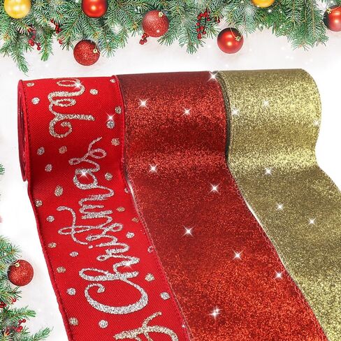 Hying 3 Rolls Merry Christmas Ribbons for Wreath Bows Crafting, Xmas Wired Edge Ribbons Glitter Red Green Ribbon Winter Holiday Craft Ribbons for Gift Wrapping Christmas Party Decorations Ornaments in Saudi Arabia