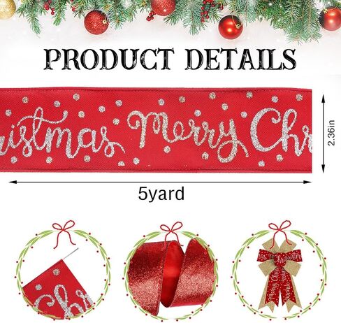 Hying 3 Rolls Merry Christmas Ribbons for Wreath Bows Crafting, Xmas Wired Edge Ribbons Glitter Red Green Ribbon Winter Holiday Craft Ribbons for Gift Wrapping Christmas Party Decorations Ornaments in Saudi Arabia