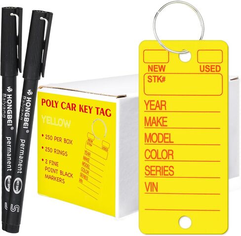 Poly Car Key Tags 250 Pcs with 250 Rings and 2 Fine Markers - Yellow | Durable Plastic Key Tags Writable for Automotive Supplies, Keychain Labels for Dealerships in Saudi Arabia