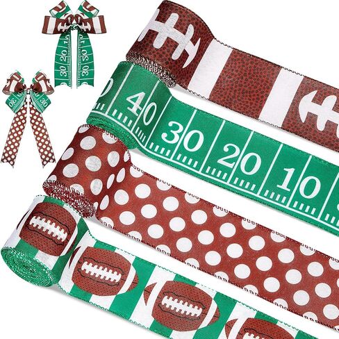 4 Rolls Football Wired Edge Ribbon 2.5 Inches x 24 Yard Football Craft Ribbon 4 Kinds Field Pattern for Wreath Wrapping Sport Team Party Decoration and Crafting in Saudi Arabia