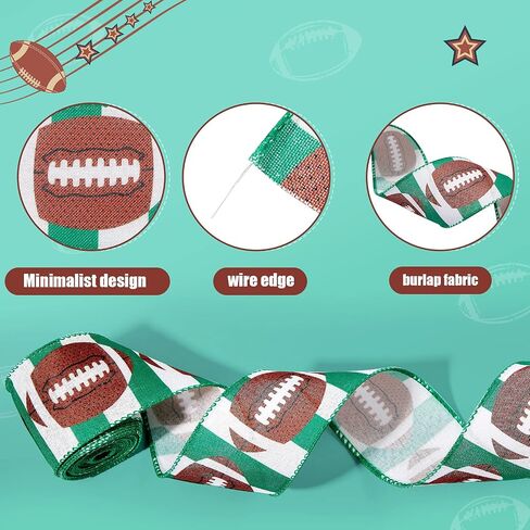 4 Rolls Football Wired Edge Ribbon 2.5 Inches x 24 Yard Football Craft Ribbon 4 Kinds Field Pattern for Wreath Wrapping Sport Team Party Decoration and Crafting in Saudi Arabia