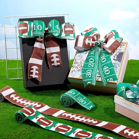 4 Rolls Football Wired Edge Ribbon 2.5 Inches x 24 Yard Football Craft Ribbon 4 Kinds Field Pattern for Wreath Wrapping Sport Team Party Decoration and Crafting in Saudi Arabia