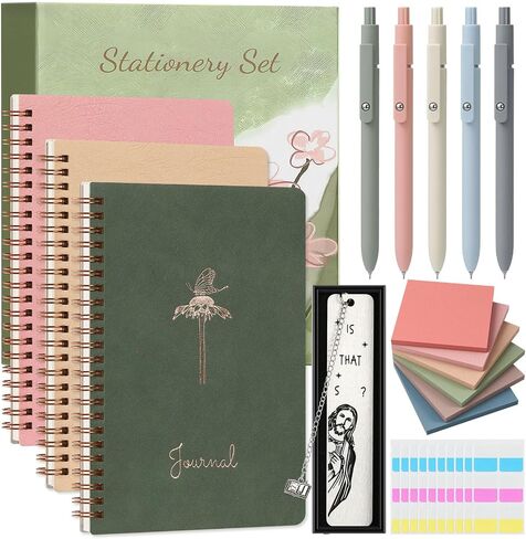 Stationery Gift Set, 3PCS A5 Spiral Notebooks, Gel Pens, Steel Bookmark, Sticky Notes & Tabs, Gift Box - Aesthetic Desk Accessories Office Supplies for Women in Saudi Arabia