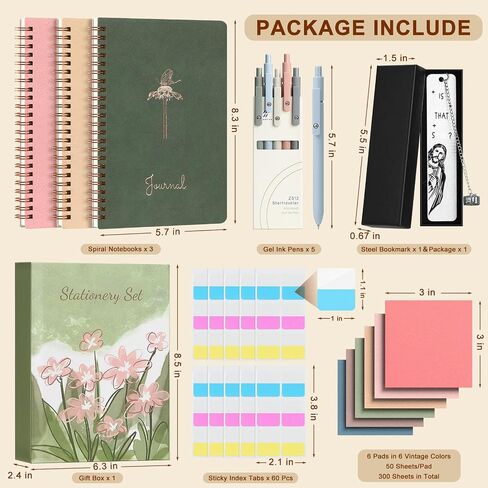 Stationery Gift Set, 3PCS A5 Spiral Notebooks, Gel Pens, Steel Bookmark, Sticky Notes & Tabs, Gift Box - Aesthetic Desk Accessories Office Supplies for Women in Saudi Arabia