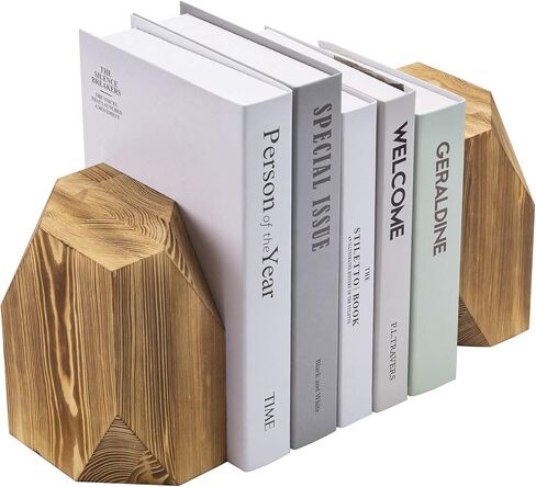 MyGift Rustic Burnt Wood Decorative Bookends with Triangular Design, Office Desk Wooden Bookend Book Stand with Brass Tone Ring Accent, 1 Pair in Saudi Arabia