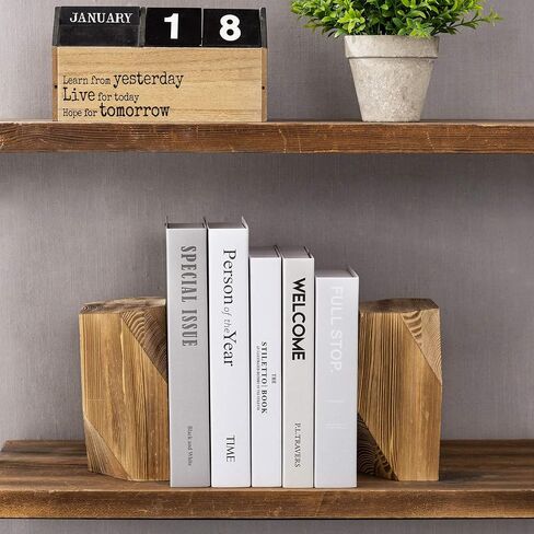 MyGift Rustic Burnt Wood Decorative Bookends with Triangular Design, Office Desk Wooden Bookend Book Stand with Brass Tone Ring Accent, 1 Pair in Saudi Arabia
