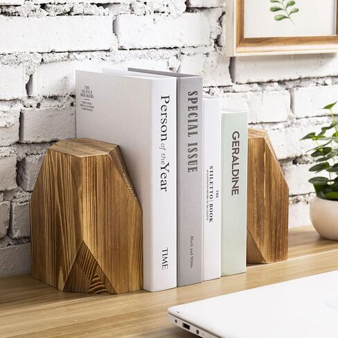 MyGift Rustic Burnt Wood Decorative Bookends with Triangular Design, Office Desk Wooden Bookend Book Stand with Brass Tone Ring Accent, 1 Pair in Saudi Arabia
