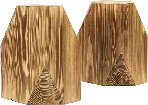MyGift Rustic Burnt Wood Decorative Bookends with Triangular Design, Office Desk Wooden Bookend Book Stand with Brass Tone Ring Accent, 1 Pair in Saudi Arabia