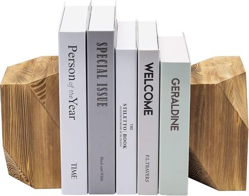 MyGift Rustic Burnt Wood Decorative Bookends with Triangular Design, Office Desk Wooden Bookend Book Stand with Brass Tone Ring Accent, 1 Pair in Saudi Arabia