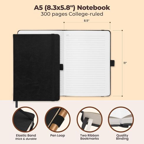 دفتر مجلة مجلة مقيدة بالجلد المبطن ، A5 Hardcover - Black 5.8 × 8.3 " - 300 صفحات سميكة الكلية المجلات الورقية للرجال والنساء - دفتر ملاحظات شخصية ومهنية للكتابة والمجلة in Kuwait