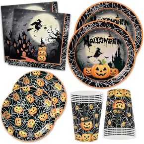 120 PCS Halloween Party Supplies تم تعيينه لـ 24 ضيفًا ، ولوحات متاح ، وأكواب ومناديل ، وفوانيس اليقطين ، والساحرة ، والقلعة والعنك العنكبوت للأطفال والكبار ديكورات الهالوين in Kuwait