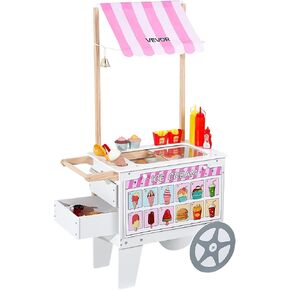 VEVOR Ice Cream Cart for Kids, 20+ PCS Accessories, Pretend Play Ice Cream Shop Kitchen Food Toys with Ice Cream Cone & Popsicle, Awning & Freezer, Storage Drawers & Flipping Menus, for Kids Aged 3-7 in Kuwait