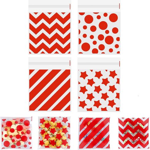 100 PCS Gold Polka Dots Star Stripe Cellophane bags(4x4 Inch) Self Sealing Cookie Treat Snack Goodie Candy Goody Gifts Bags for Baby Shower Graduation Birthday Holiday Party Favors Supplies Wrap in Saudi Arabia