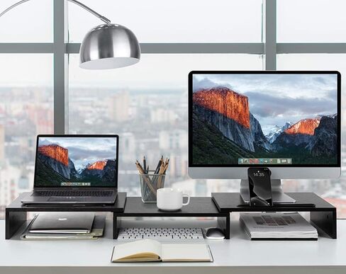 ZyfaB Desk Dual Monitor Stand Riser ، حامل كمبيوتر لرفوف مكتب مراقبة المكتب لرصد شاشة الخشب الكبيرة مع الطول والزاوية القابلة للتعديل والبني in Saudi Arabia