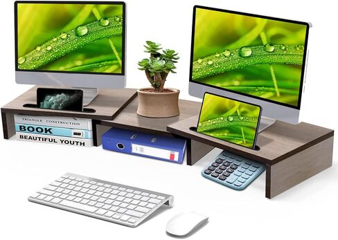 ZyfaB Desk Dual Monitor Stand Riser ، حامل كمبيوتر لرفوف مكتب مراقبة المكتب لرصد شاشة الخشب الكبيرة مع الطول والزاوية القابلة للتعديل والبني in Saudi Arabia