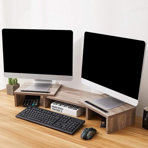 ZyfaB Desk Dual Monitor Stand Riser ، حامل كمبيوتر لرفوف مكتب مراقبة المكتب لرصد شاشة الخشب الكبيرة مع الطول والزاوية القابلة للتعديل والبني in Saudi Arabia