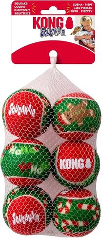 Kong Holiday Squeakair Tennis Balls Dog Toy-6 عبوات من كرات الجلب الصاخبة مع موضوع عيد الميلاد ، مواد غير كاشفة لطيفة على الأسنان (صغيرة) in Kuwait