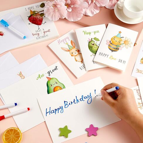 36 حزمة بطاقات عيد ميلاد مضحكة مع مظاريف وملصقات 20 تصاميم فريدة من نوعها عيد ميلاد سعيد كبير حيوان لطيف فاكهة فاكهة BDAY بطاقات الأطفال in Saudi Arabia