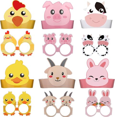 48 Pieces Farm Animal Paper Eyeglasses Farm Animal Birthday Paper Crown Headbands Farm Kids Birthday Party Hats Cow Chicken Barnyard Party Favors for Kids Toddlers Baby Holiday Games Party Supplies in Saudi Arabia