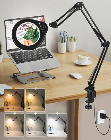 10X & 5X Magnifying Glass with Light, Ultra Long Swing Arm, 5 Colors & 10 Brightness, Real Glass Lens Large Magnifying Lamp for Craft Painting Workbench Jewelry Making Hobby Close Work (White) in Kuwait