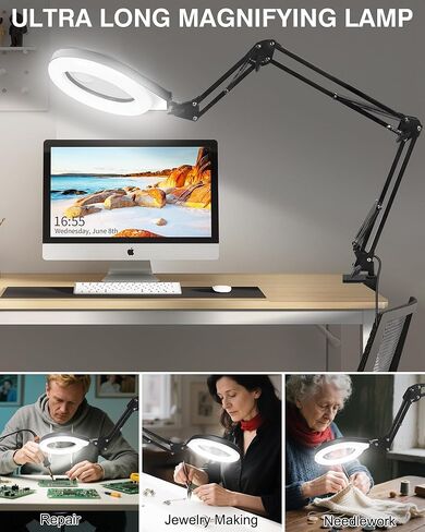 10X & 5X Magnifying Glass with Light, Ultra Long Swing Arm, 5 Colors & 10 Brightness, Real Glass Lens Large Magnifying Lamp for Craft Painting Workbench Jewelry Making Hobby Close Work (White) in Kuwait
