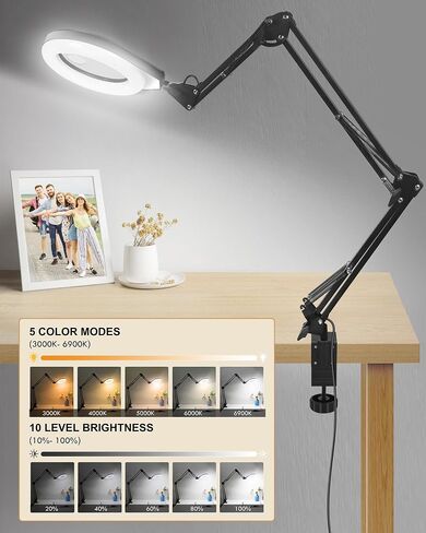 10X & 5X Magnifying Glass with Light, Ultra Long Swing Arm, 5 Colors & 10 Brightness, Real Glass Lens Large Magnifying Lamp for Craft Painting Workbench Jewelry Making Hobby Close Work (White) in Kuwait