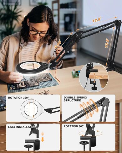 10X & 5X Magnifying Glass with Light, Ultra Long Swing Arm, 5 Colors & 10 Brightness, Real Glass Lens Large Magnifying Lamp for Craft Painting Workbench Jewelry Making Hobby Close Work (White) in Kuwait