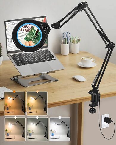 10 × و 5x مكبرة زجاجية مع الضوء ، ذراع طويلة الأرجوحة ، 5 ألوان و 10 سطوع ، عدسة زجاجية حقيقية مصباح مكبرة للطلاء الحرفي من طاولة العمل المجوهرات صنع الهوايات القريبة (أبيض) in Kuwait