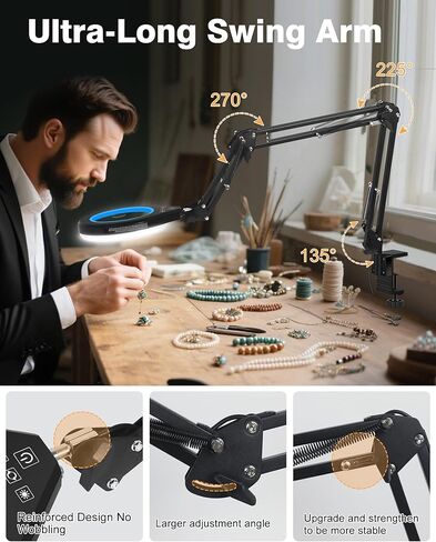 10 × و 5x مكبرة زجاجية مع الضوء ، ذراع طويلة الأرجوحة ، 5 ألوان و 10 سطوع ، عدسة زجاجية حقيقية مصباح مكبرة للطلاء الحرفي من طاولة العمل المجوهرات صنع الهوايات القريبة (أبيض) in Kuwait