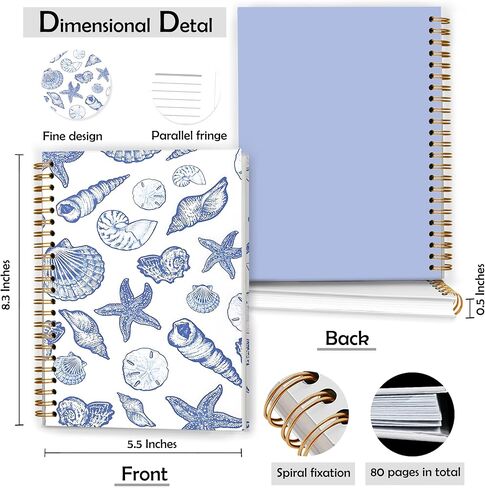 Retro Blue Coastal Seashell Notebook, Summer Starfish Beach Journal, Trendy Preppy Beachy Coastal Journal, Nautical Ocean Hardcover Spiral Notebooks, 5.5x8.3 Inch in Saudi Arabia