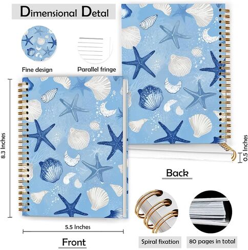 Retro Blue Coastal Seashell Notebook, Summer Starfish Beach Journal, Trendy Preppy Beachy Coastal Journal, Nautical Ocean Hardcover Spiral Notebooks, 5.5x8.3 Inch in Saudi Arabia