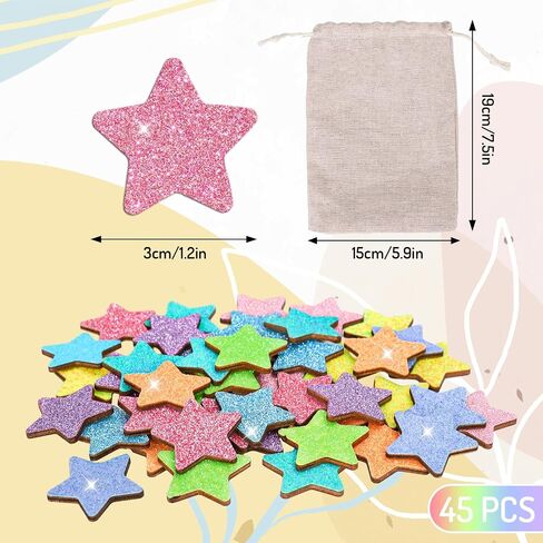 45 PCS Glitter Star Extra Tokens for Reward Jar Macaron Macaron Star Shape Wooden Redouts الرموز المميزة مع جيب الكتان للعودة إلى مدرس الطالب في الفصل الدراسي in Saudi Arabia