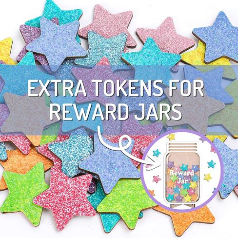 45 PCS Glitter Star Extra Tokens for Reward Jar Macaron Macaron Star Shape Wooden Redouts الرموز المميزة مع جيب الكتان للعودة إلى مدرس الطالب في الفصل الدراسي in Saudi Arabia