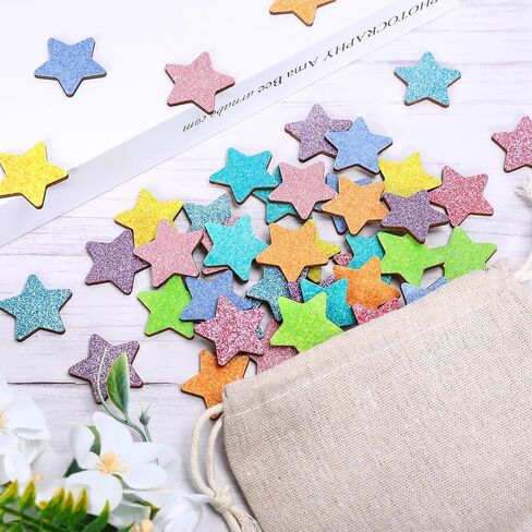 45 PCS Glitter Star Extra Tokens for Reward Jar Macaron Macaron Star Shape Wooden Redouts الرموز المميزة مع جيب الكتان للعودة إلى مدرس الطالب في الفصل الدراسي in Saudi Arabia