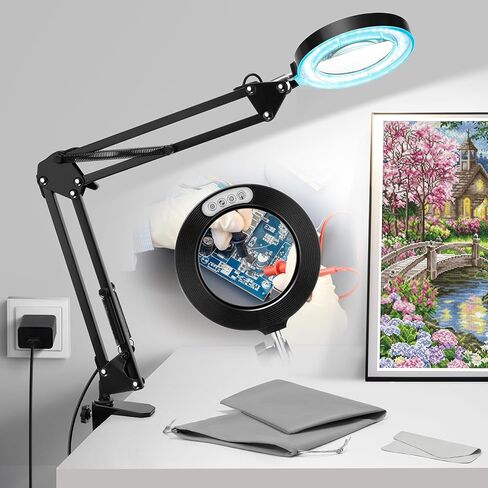 10X Magnifying Glass with Light and Stand,Portable Magnifying Glasses Magnifier with Light, Velvet Bag, 5 Color Modes 2-in-1 LED Desk Magnifier Lamp, Magnify Glasses for Close Work Hobbies in Kuwait