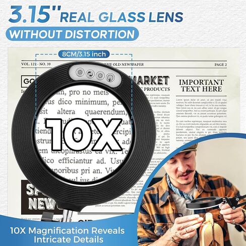 10X Magnifying Glass with Light and Stand,Portable Magnifying Glasses Magnifier with Light, Velvet Bag, 5 Color Modes 2-in-1 LED Desk Magnifier Lamp, Magnify Glasses for Close Work Hobbies in Kuwait