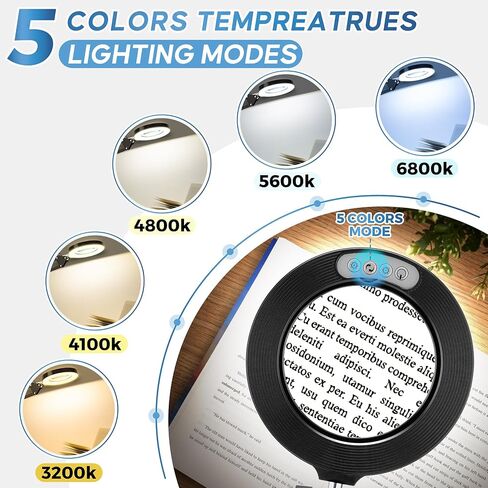 10X Magnifying Glass with Light and Stand,Portable Magnifying Glasses Magnifier with Light, Velvet Bag, 5 Color Modes 2-in-1 LED Desk Magnifier Lamp, Magnify Glasses for Close Work Hobbies in Kuwait