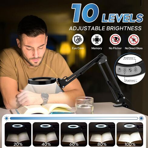 10X Magnifying Glass with Light and Stand,Portable Magnifying Glasses Magnifier with Light, Velvet Bag, 5 Color Modes 2-in-1 LED Desk Magnifier Lamp, Magnify Glasses for Close Work Hobbies in Kuwait