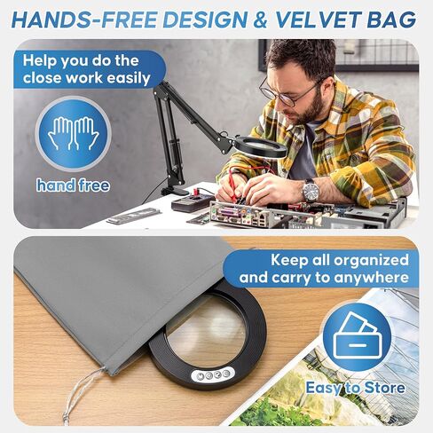 10X Magnifying Glass with Light and Stand,Portable Magnifying Glasses Magnifier with Light, Velvet Bag, 5 Color Modes 2-in-1 LED Desk Magnifier Lamp, Magnify Glasses for Close Work Hobbies in Kuwait